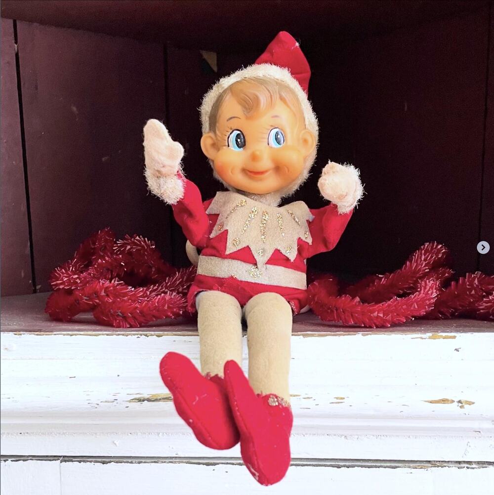 Large Vintage Rubber Face Elf Doll Christmas Glitter Chenille Bendable Arm FADED